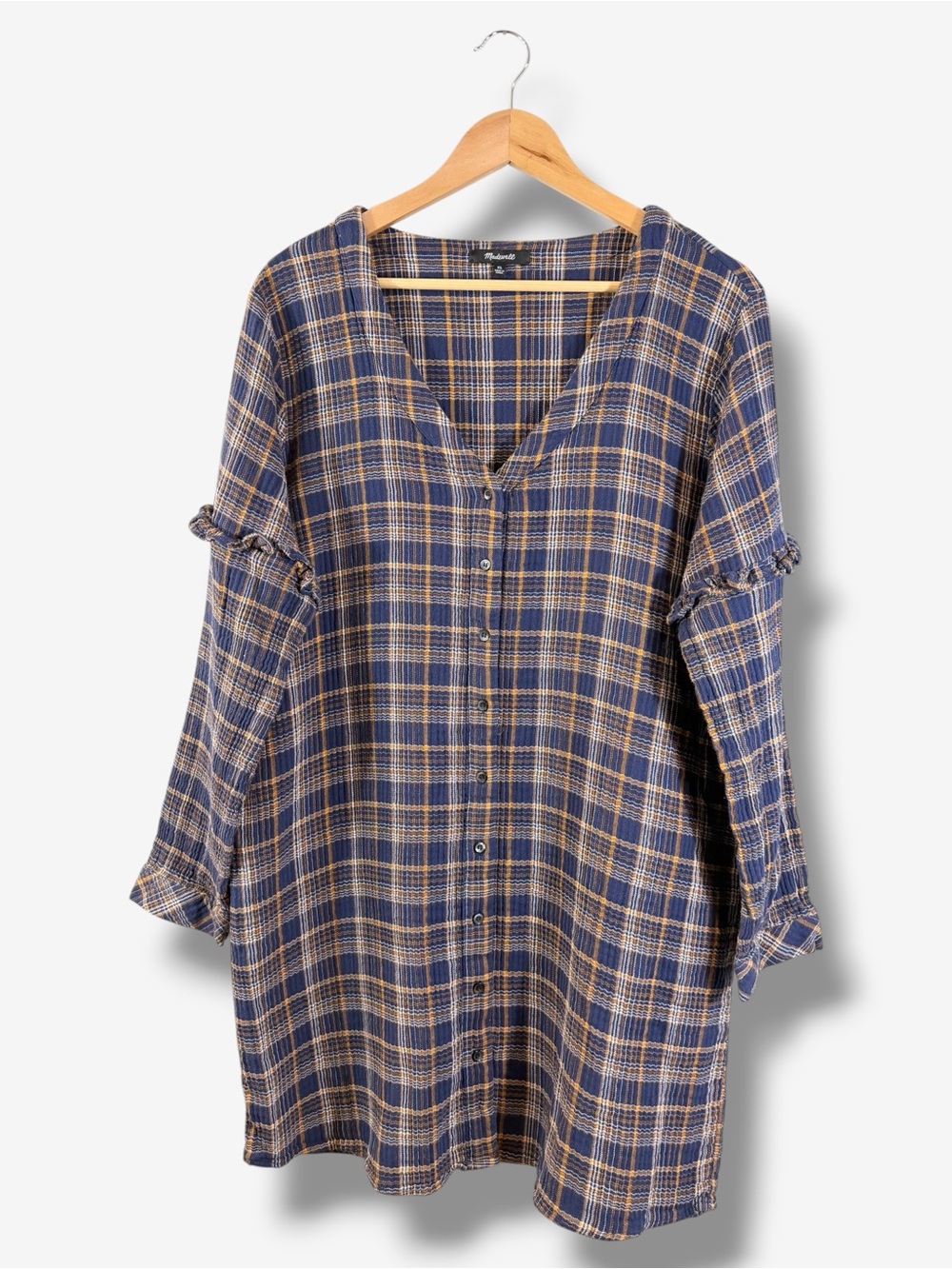 Madewell Plaid V-Neck Ruffle Shirt Dress XL Blue Orange Gauze Cotton Boho Casual